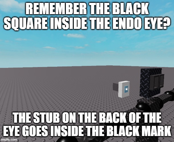REMEMBER THE BLACK SQUARE INSIDE THE ENDO EYE? THE STUB ON THE BACK OF THE EYE GOES INSIDE THE BLACK MARK | made w/ Imgflip meme maker