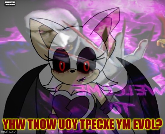 Rouge.exe | WHY WON'T YOU EXCEPT MY LOVE? YHW TNOW UOY TPECXE YM EVOL? | image tagged in rougeexe,sonicexe,sonic the hedgehog,death comes unexpectedly | made w/ Imgflip meme maker