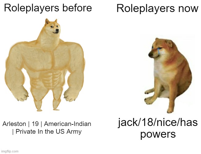 lel | Roleplayers before; Roleplayers now; Arleston | 19 | American-Indian | Private In the US Army; jack/18/nice/has powers | image tagged in memes,buff doge vs cheems,roleplaying,brookhaven | made w/ Imgflip meme maker