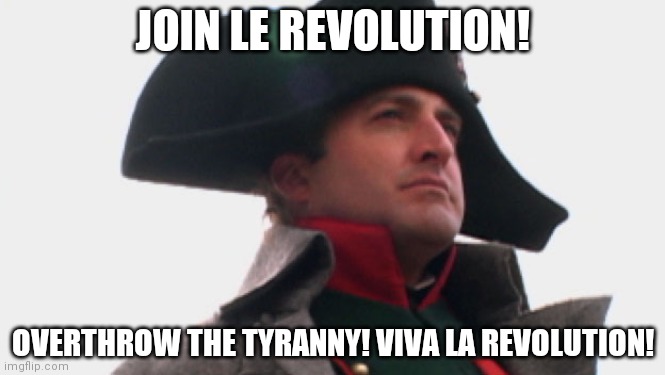 Napoleon Bonaparte | JOIN LE REVOLUTION! OVERTHROW THE TYRANNY! VIVA LA REVOLUTION! | image tagged in napoleon bonaparte | made w/ Imgflip meme maker