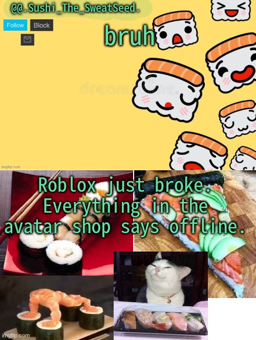 i swear if its the end of roblox i will blow. everything sounds to serious in my chats | bruh; Roblox just broke. Everything in the avatar shop says offline. | image tagged in sushi_the_sweatseed | made w/ Imgflip meme maker