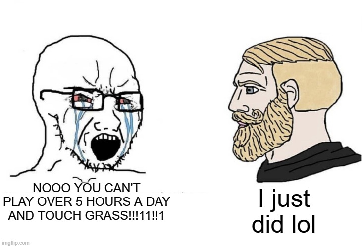 r/me_irl | NOOO YOU CAN'T PLAY OVER 5 HOURS A DAY AND TOUCH GRASS!!!11!!1; I just did lol | image tagged in soyboy vs yes chad | made w/ Imgflip meme maker
