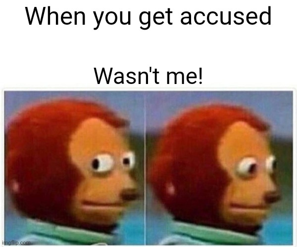 Monkey Puppet Meme | When you get accused; Wasn't me! | image tagged in memes,monkey puppet | made w/ Imgflip meme maker