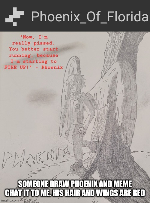 Phoenix's Announcement Temp | SOMEONE DRAW PHOENIX AND MEME CHAT IT TO ME. HIS HAIR AND WINGS ARE RED | image tagged in phoenix's announcement temp | made w/ Imgflip meme maker