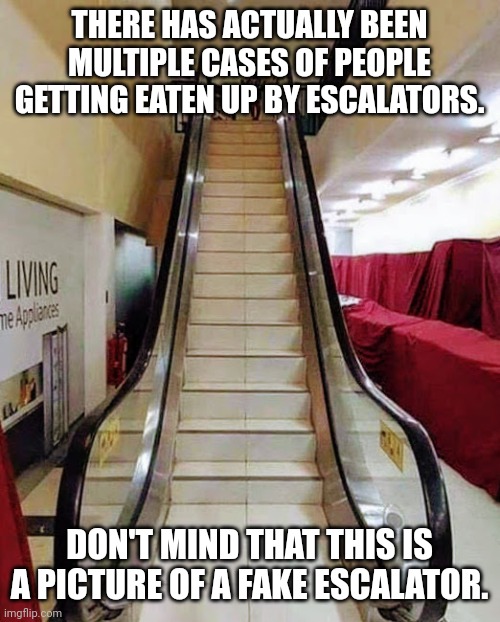 Disturbing fact #3 | THERE HAS ACTUALLY BEEN MULTIPLE CASES OF PEOPLE GETTING EATEN UP BY ESCALATORS. DON'T MIND THAT THIS IS A PICTURE OF A FAKE ESCALATOR. | image tagged in fake escalator,weird facts | made w/ Imgflip meme maker