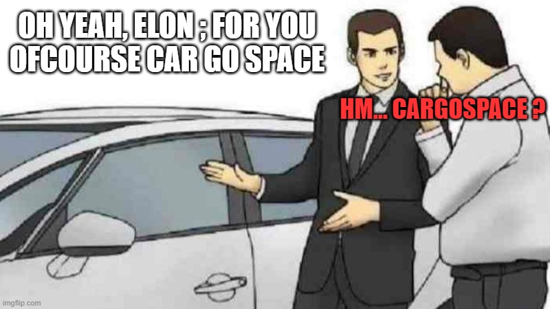 how about the cargo space ? | OH YEAH, ELON ; FOR YOU
OFCOURSE CAR GO SPACE; HM... CARGOSPACE ? | image tagged in memes,car salesman slaps roof of car | made w/ Imgflip meme maker