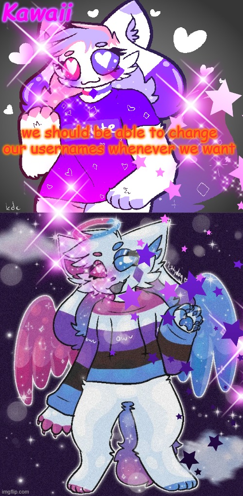 i'm begging you i'm legit sick of waiting a full month just to change my username aaaaaaaaaAAAAAAAAAAAAAAAA | we should be able to change our usernames whenever we want | image tagged in ayyyyyy crystal got it goin on with her sparkly kittydog self | made w/ Imgflip meme maker