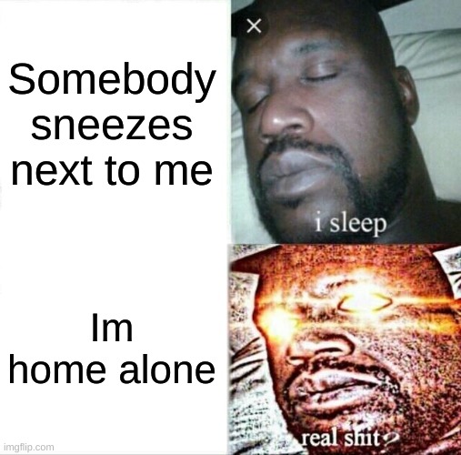 Sleeping Shaq | Somebody sneezes next to me; Im home alone | image tagged in memes,sleeping shaq | made w/ Imgflip meme maker