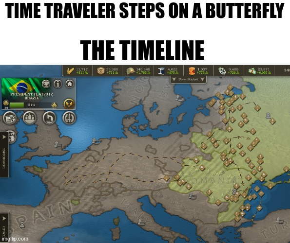 funny meme | TIME TRAVELER STEPS ON A BUTTERFLY; THE TIMELINE | image tagged in time traveler | made w/ Imgflip meme maker