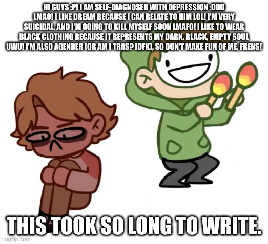 Dream with Maracas | HI GUYS :P! I AM SELF-DIAGNOSED WITH DEPRESSION :DDD LMAO! I LIKE DREAM BECAUSE I CAN RELATE TO HIM LOL! I'M VERY SUICIDAL, AND I'M GOING TO KILL MYSELF SOON LMAFO! I LIKE TO WEAR BLACK CLOTHING BECAUSE IT REPRESENTS MY DARK, BLACK, EMPTY SOUL UWU! I'M ALSO AGENDER (OR AM I TRAS? IDFK), SO DON'T MAKE FUN OF ME, FRENS! THIS TOOK SO LONG TO WRITE. | image tagged in dream with maracas | made w/ Imgflip meme maker