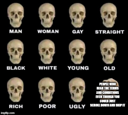 idiot skull | PEOPLE WHO READ THE TERMS AND CONDITIONS EVEN THOUGH YOU COULD JUST SCROLL DOWN AND SKIP IT | image tagged in idiot skull | made w/ Imgflip meme maker