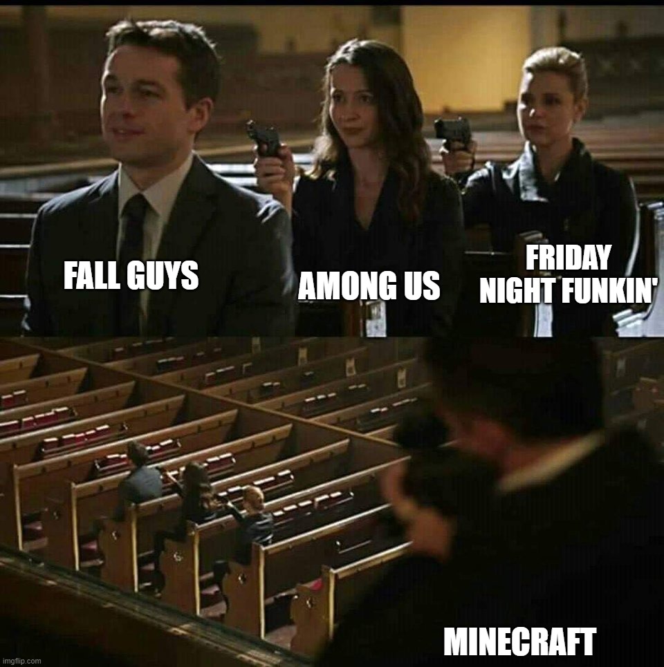 Church gun | AMONG US; FALL GUYS; FRIDAY NIGHT FUNKIN'; MINECRAFT | image tagged in church gun | made w/ Imgflip meme maker