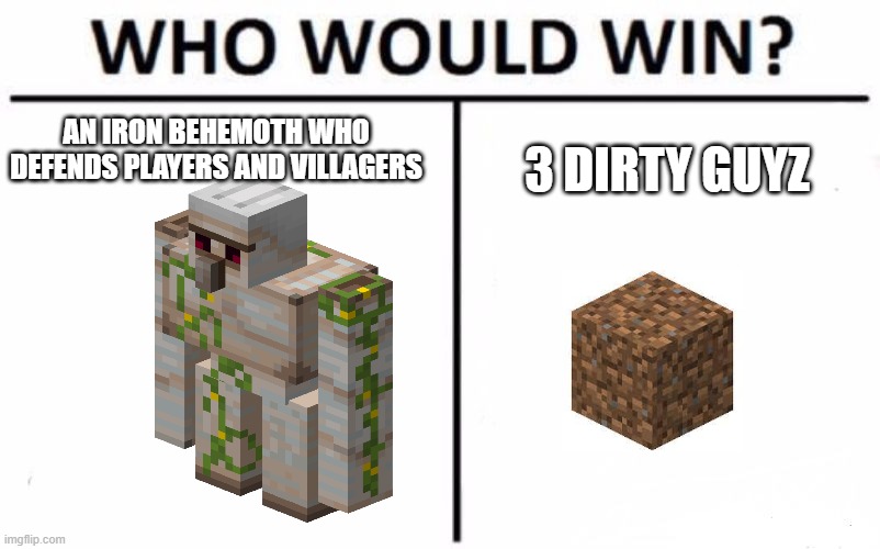 Who Would Win? | AN IRON BEHEMOTH WHO DEFENDS PLAYERS AND VILLAGERS; 3 DIRTY GUYZ | image tagged in memes,who would win | made w/ Imgflip meme maker