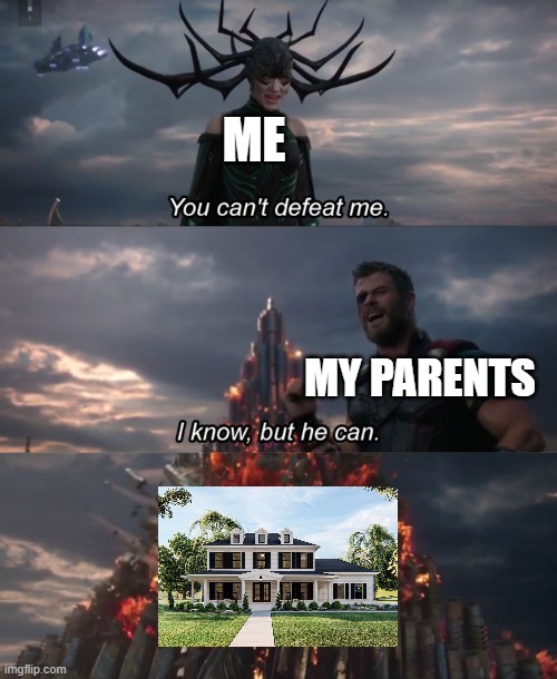 My parents when they for 5 days | ME; MY PARENTS | image tagged in you can't defeat me,memes | made w/ Imgflip meme maker