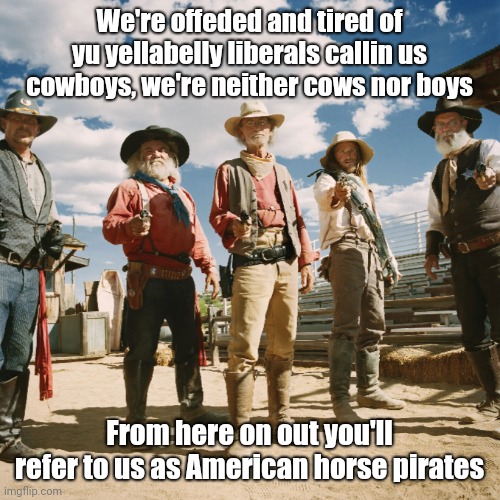 We're offeded and tired of yu yellabelly liberals callin us cowboys, we're neither cows nor boys; From here on out you'll refer to us as American horse pirates | image tagged in american horse pirates | made w/ Imgflip meme maker