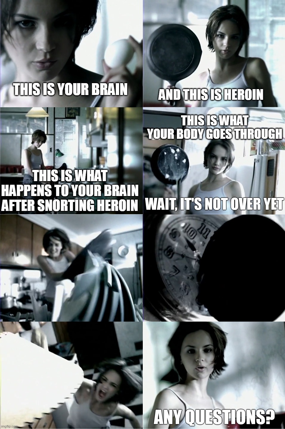 Totally Rachael, the Original |  AND THIS IS HEROIN; THIS IS YOUR BRAIN; THIS IS WHAT YOUR BODY GOES THROUGH; THIS IS WHAT HAPPENS TO YOUR BRAIN AFTER SNORTING HEROIN | image tagged in this is your brain,meme,memes | made w/ Imgflip meme maker