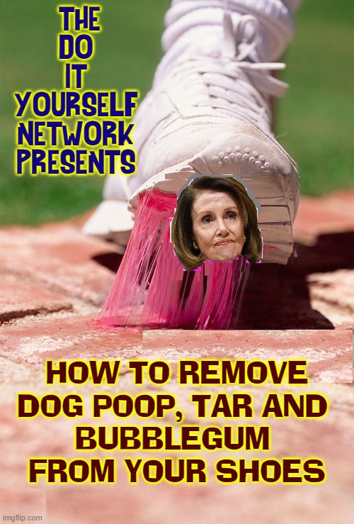 It's Hard to Get Rid of that Sticky Filth | THE
DO
IT
YOURSELF
NETWORK
PRESENTS; HOW TO REMOVE
DOG POOP, TAR AND 
BUBBLEGUM 
FROM YOUR SHOES | image tagged in vince vance,bubblegum,shoes,nancy pelosi,memes,diy fails | made w/ Imgflip meme maker