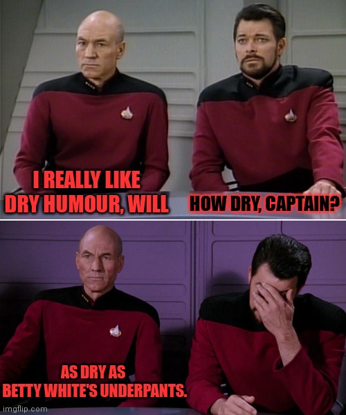 Even Riker and Picard love Betty White | I REALLY LIKE DRY HUMOUR, WILL; HOW DRY, CAPTAIN? AS DRY AS 
BETTY WHITE'S UNDERPANTS. | image tagged in picard riker listening to a pun,betty white | made w/ Imgflip meme maker