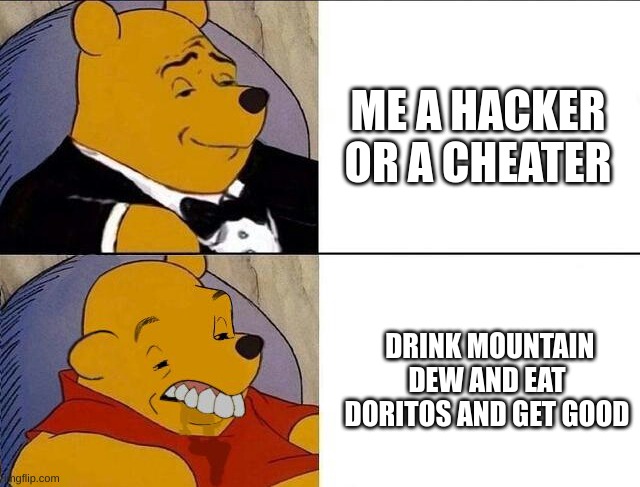 ha | ME A HACKER OR A CHEATER; DRINK MOUNTAIN DEW AND EAT DORITOS AND GET GOOD | image tagged in winnie the pooh meme | made w/ Imgflip meme maker