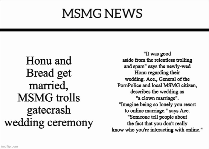 MSMG NEWS | Honu and Bread get married, MSMG trolls gatecrash wedding ceremony; "It was good aside from the relentless trolling and spam" says the newly-wed Honu regarding their wedding. Ace., General of the PornPolice and local MSMG citizen, describes the wedding as "a clown marriage".
"Imagine being so lonely you resort to online marriage." says Ace. "Someone tell people about the fact that you don't really know who you're interacting with online." | image tagged in msmg news | made w/ Imgflip meme maker
