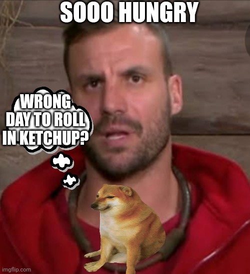 Hangry Beau | SOOO HUNGRY; WRONG DAY TO ROLL IN KETCHUP? | image tagged in can i eat that,i'm a celebrity,australia,doge | made w/ Imgflip meme maker