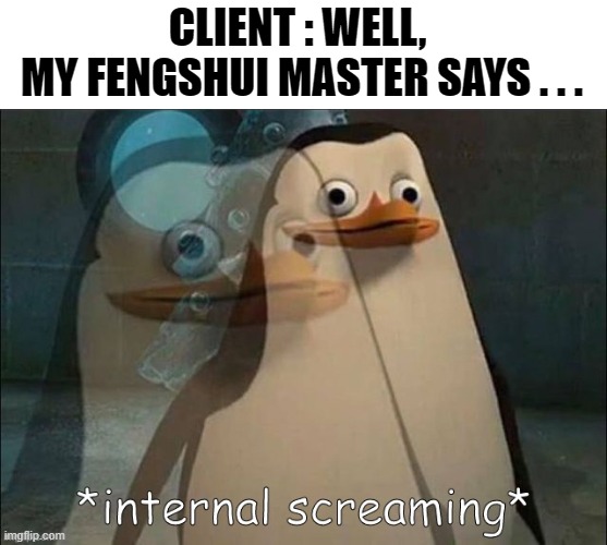 Interior designer | CLIENT : WELL, 
MY FENGSHUI MASTER SAYS . . . | image tagged in private internal screaming | made w/ Imgflip meme maker