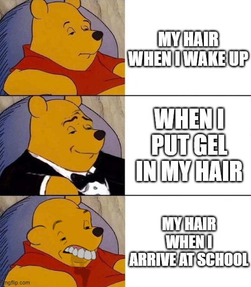 hair belike | MY HAIR WHEN I WAKE UP; WHEN I PUT GEL IN MY HAIR; MY HAIR WHEN I ARRIVE AT SCHOOL | image tagged in best better blurst | made w/ Imgflip meme maker