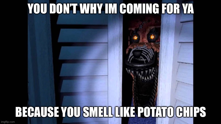 Smelly Chips | YOU DON’T WHY IM COMING FOR YA; BECAUSE YOU SMELL LIKE POTATO CHIPS | image tagged in foxy fnaf 4 | made w/ Imgflip meme maker