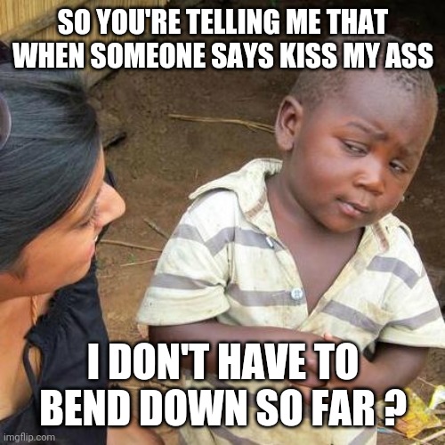 Third World Skeptical Kid Meme | SO YOU'RE TELLING ME THAT WHEN SOMEONE SAYS KISS MY ASS I DON'T HAVE TO BEND DOWN SO FAR ? | image tagged in memes,third world skeptical kid | made w/ Imgflip meme maker