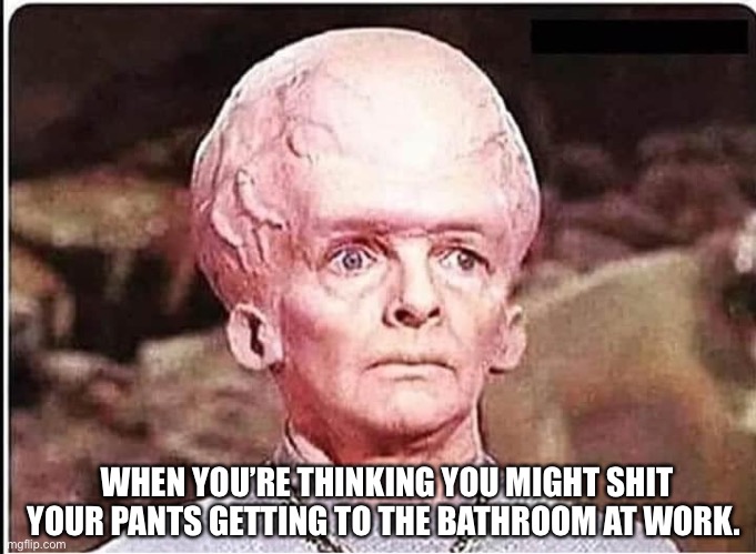 STAR TREK SWOLLEN BRAIN | WHEN YOU’RE THINKING YOU MIGHT SHIT YOUR PANTS GETTING TO THE BATHROOM AT WORK. | image tagged in star trek swollen brain | made w/ Imgflip meme maker