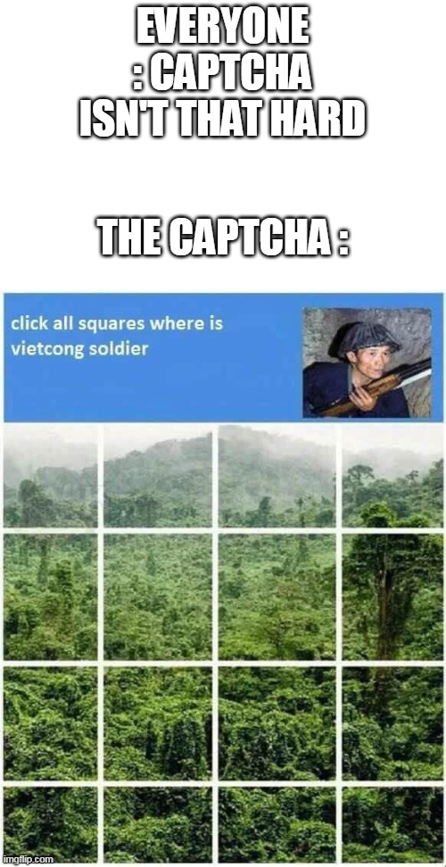 vietcong |  EVERYONE : CAPTCHA ISN'T THAT HARD; THE CAPTCHA : | image tagged in memes,captcha,vietnam,good morning vietnam,trees,lol | made w/ Imgflip meme maker