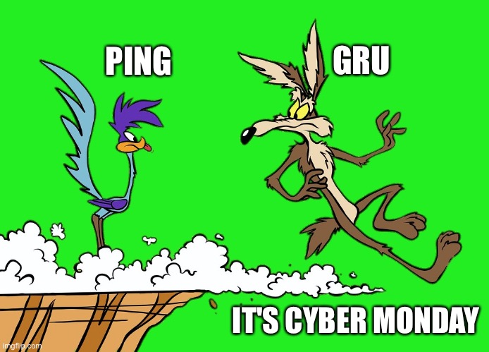 Willie Ethelbert Coyote's Cognitive Misalignment Meme | GRU; PING; IT'S CYBER MONDAY | image tagged in willie ethelbert coyote's cognitive misalignment | made w/ Imgflip meme maker