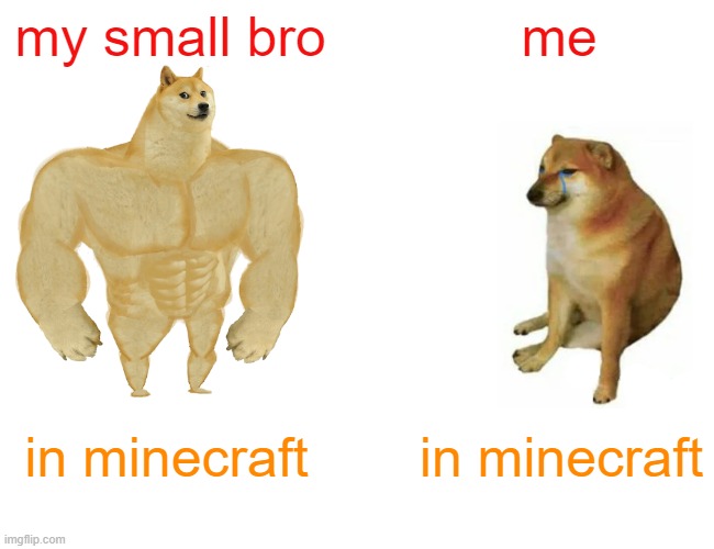 small bro vs me #minecraft life | my small bro; me; in minecraft; in minecraft | image tagged in memes,buff doge vs cheems | made w/ Imgflip meme maker