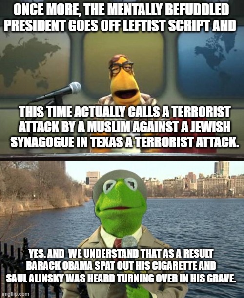 It's getting real folks.  Can you say President Kamala? | ONCE MORE, THE MENTALLY BEFUDDLED PRESIDENT GOES OFF LEFTIST SCRIPT AND; THIS TIME ACTUALLY CALLS A TERRORIST ATTACK BY A MUSLIM AGAINST A JEWISH SYNAGOGUE IN TEXAS A TERRORIST ATTACK. YES, AND  WE UNDERSTAND THAT AS A RESULT BARACK OBAMA SPAT OUT HIS CIGARETTE AND SAUL ALINSKY WAS HEARD TURNING OVER IN HIS GRAVE. | image tagged in muppet news flash | made w/ Imgflip meme maker