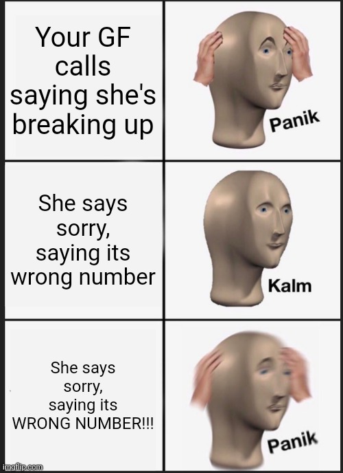 Ayy? | Your GF calls saying she's breaking up; She says sorry, saying its wrong number; She says sorry, saying its WRONG NUMBER!!! | image tagged in memes,panik kalm panik | made w/ Imgflip meme maker