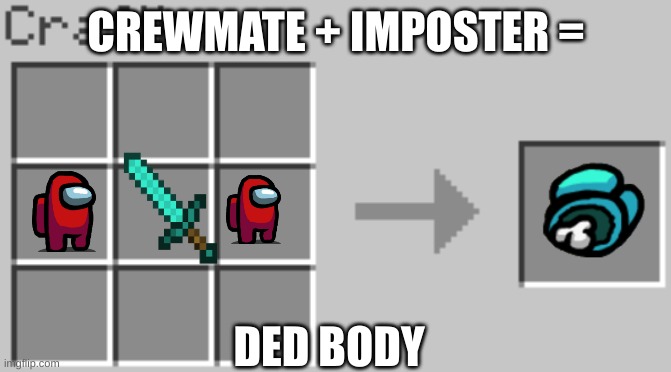 Synthesis | CREWMATE + IMPOSTER =; DED BODY | image tagged in synthesis,amongus,minecraft | made w/ Imgflip meme maker