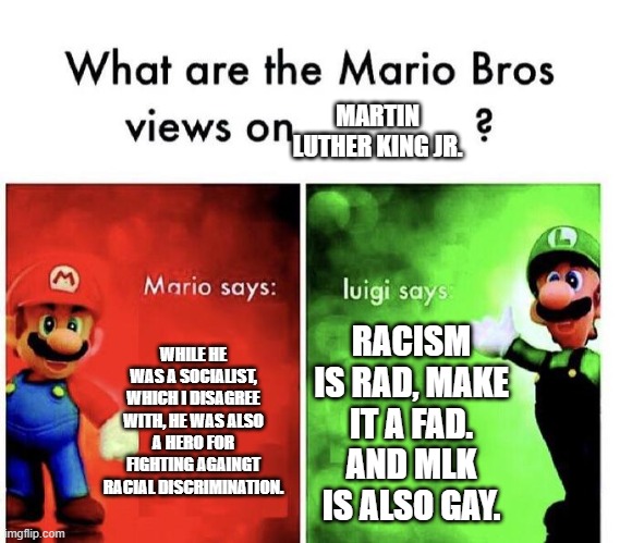 Mario Bros Views | MARTIN LUTHER KING JR. WHILE HE WAS A SOCIALIST, WHICH I DISAGREE WITH, HE WAS ALSO A HERO FOR FIGHTING AGAINGT RACIAL DISCRIMINATION. RACISM IS RAD, MAKE IT A FAD. AND MLK IS ALSO GAY. | image tagged in mario bros views | made w/ Imgflip meme maker