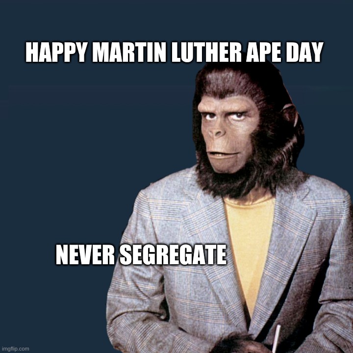 Comedy Should Never Be Segregated! |  HAPPY MARTIN LUTHER APE DAY; NEVER SEGREGATE | image tagged in martin luther king jr,planet of the apes,controversial,segregation,comedy,roseanne barr | made w/ Imgflip meme maker