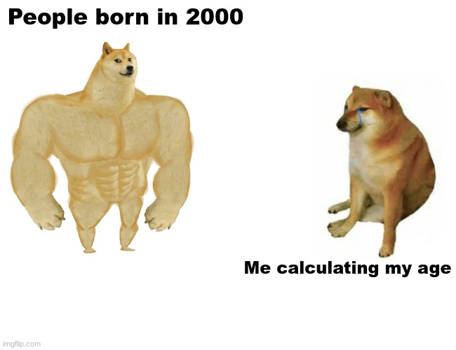 It's all so easy for them- | People born in 2000; Me calculating my age | image tagged in memes,buff doge vs cheems | made w/ Imgflip meme maker