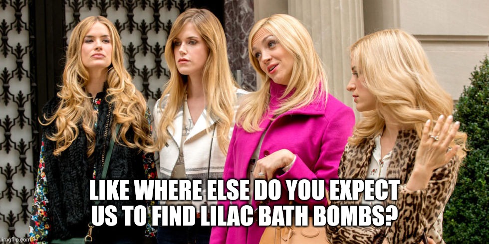 rich girls | LIKE WHERE ELSE DO YOU EXPECT US TO FIND LILAC BATH BOMBS? | image tagged in rich girls | made w/ Imgflip meme maker