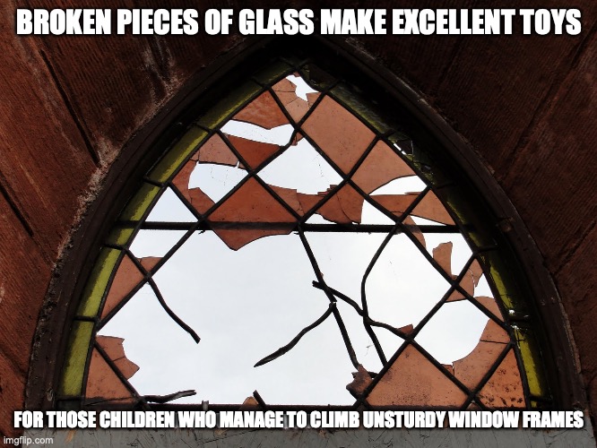 Broken Window | BROKEN PIECES OF GLASS MAKE EXCELLENT TOYS; FOR THOSE CHILDREN WHO MANAGE TO CLIMB UNSTURDY WINDOW FRAMES | image tagged in memes,windows | made w/ Imgflip meme maker