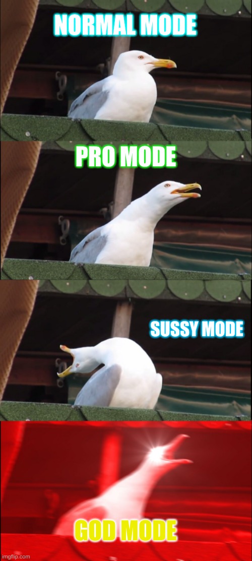 Inhaling Seagull | NORMAL MODE; PRO MODE; SUSSY MODE; GOD MODE | image tagged in memes,inhaling seagull | made w/ Imgflip meme maker