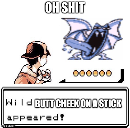 beta golbat be ugly | OH SHIT; BUTT CHEEK ON A STICK | image tagged in blank wild pokemon appears | made w/ Imgflip meme maker