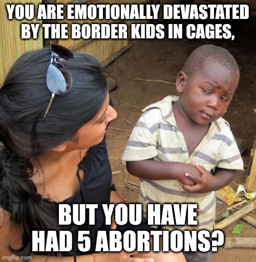 Sceptical 3rd World Kid | YOU ARE EMOTIONALLY DEVASTATED BY THE BORDER KIDS IN CAGES, BUT YOU HAVE HAD 5 ABORTIONS? | image tagged in 3rd world sceptical child,wtf | made w/ Imgflip meme maker