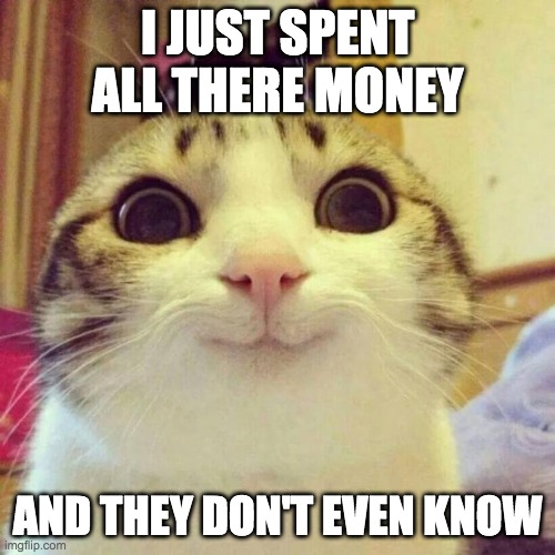 Smiling Cat Meme | I JUST SPENT ALL THERE MONEY; AND THEY DON'T EVEN KNOW | image tagged in memes,smiling cat | made w/ Imgflip meme maker