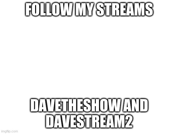 follow my streams | FOLLOW MY STREAMS; DAVETHESHOW AND
DAVESTREAM2 | image tagged in blank white template | made w/ Imgflip meme maker