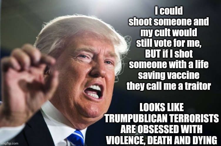 We're All Agreed Then?  He's A Traitor | I could shoot someone and my cult would still vote for me, BUT if I shot someone with a life saving vaccine they call me a traitor; LOOKS LIKE TRUMPUBLICAN TERRORISTS ARE OBSESSED WITH VIOLENCE, DEATH AND DYING | image tagged in donald trump,memes,trumpublican terrorists,traitor,lock him up,agreed | made w/ Imgflip meme maker
