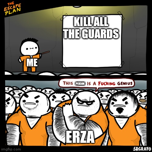 The Escape Plan (by SrGrafo) | KILL ALL THE GUARDS; ME; PERSON; ERZA | image tagged in the escape plan by srgrafo | made w/ Imgflip meme maker