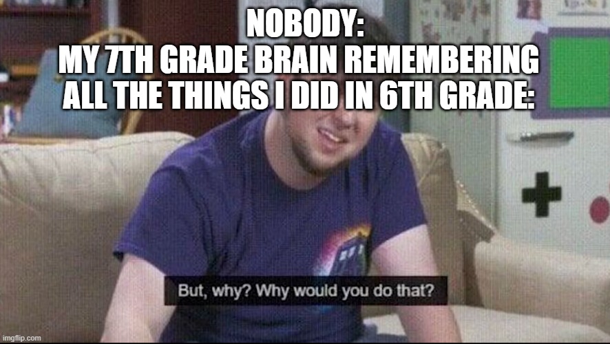 But why why would you do that? | NOBODY:; MY 7TH GRADE BRAIN REMEMBERING ALL THE THINGS I DID IN 6TH GRADE: | image tagged in but why why would you do that | made w/ Imgflip meme maker