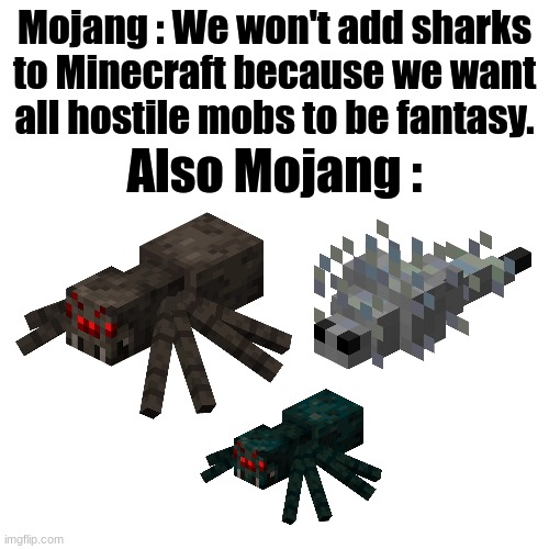 Totally fictional mobs! | Mojang : We won't add sharks to Minecraft because we want all hostile mobs to be fantasy. Also Mojang : | image tagged in memes,blank transparent square,minecraft,mojang | made w/ Imgflip meme maker